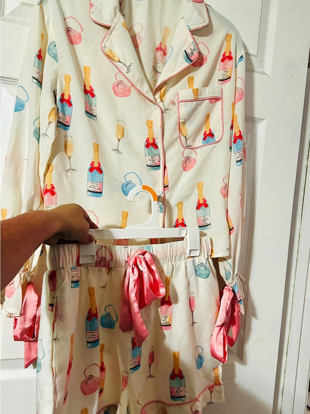 Source Unknown Champagne Print Satin Pajama Set - Cream with Pink & Blue Accents